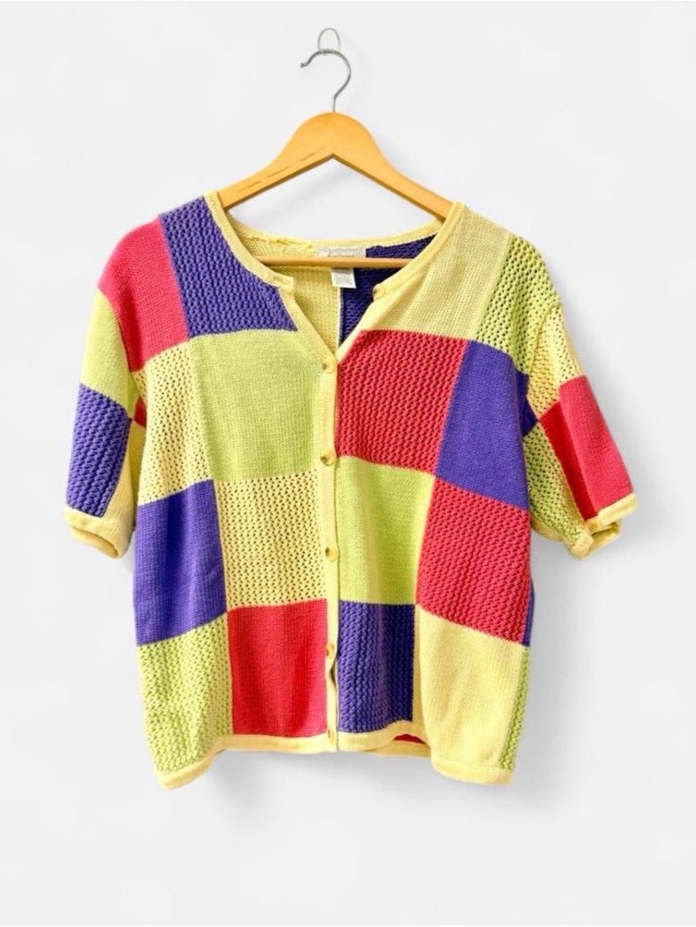 Christopher & Banks Colorblock Short-Sleeve Cardigan - Yellow, Purple, Red